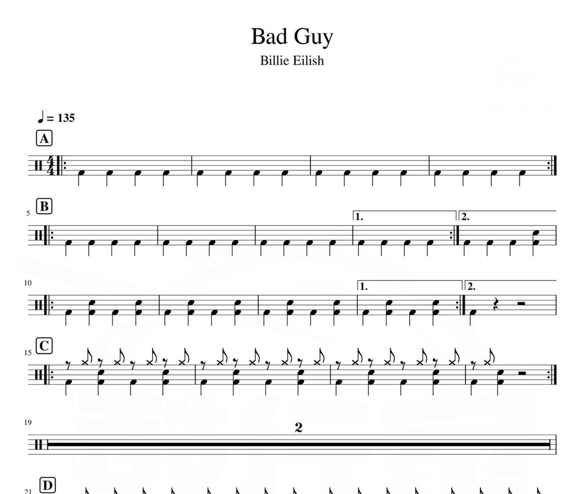 Bad Guy鼓谱 Billie Eilish《 Bad Guy》架子鼓|爵士鼓|鼓谱
