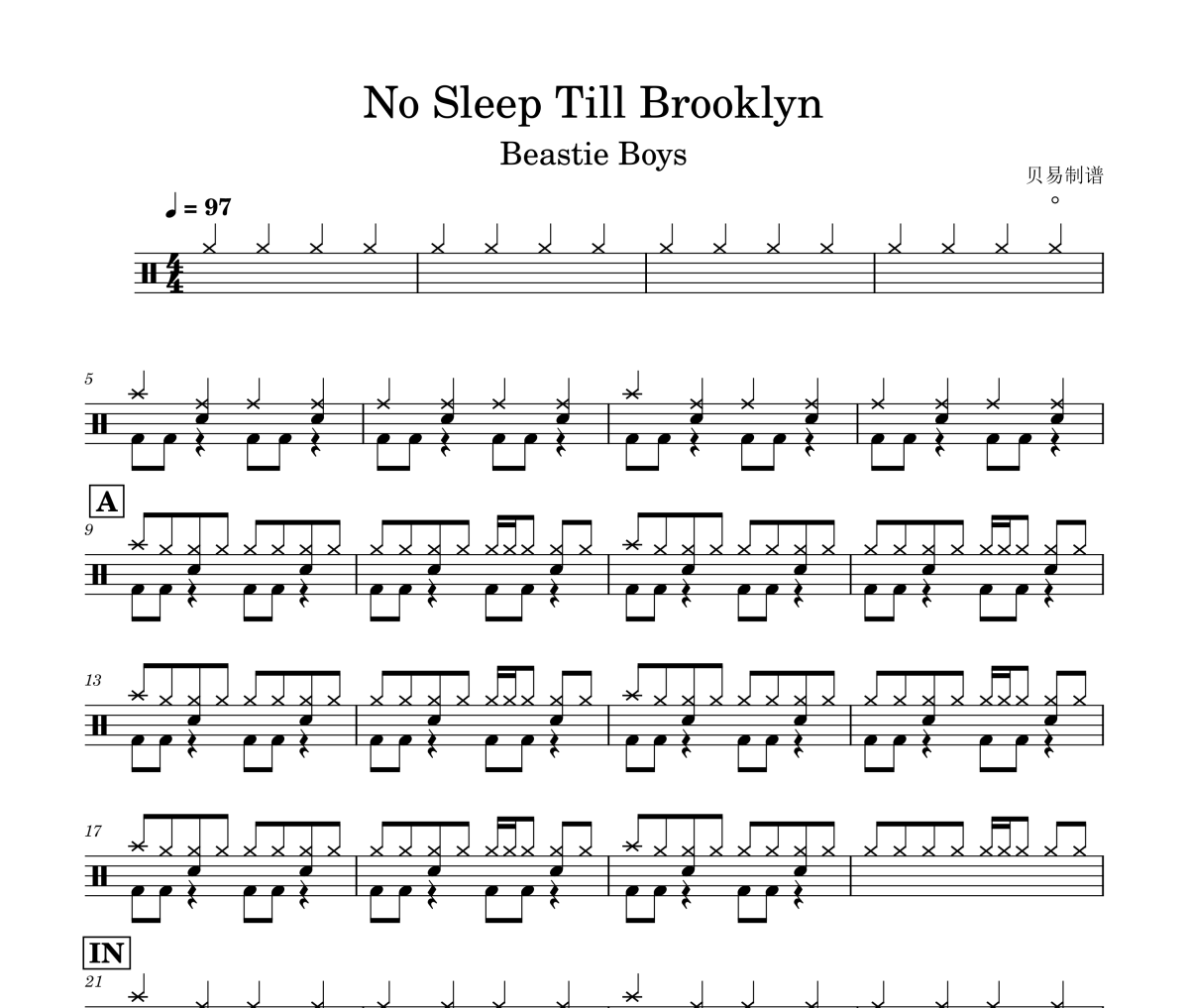 No Sleep Till Brooklyn鼓譜 Beastie Boys《No Sleep Till Brooklyn