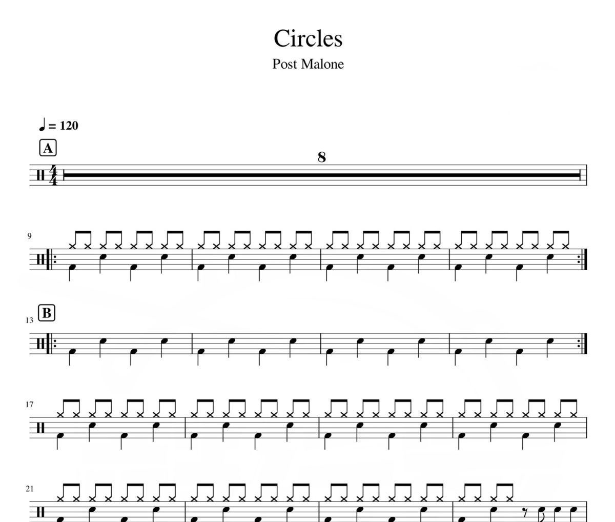 Circles 鼓谱 Post Malone-Circles架子鼓|爵士鼓|鼓谱