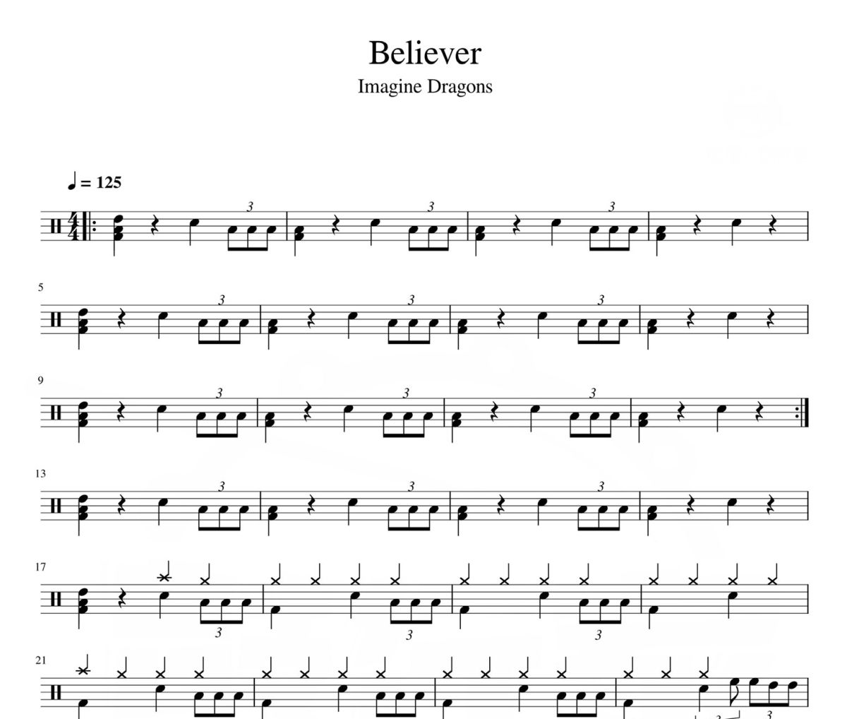 Believer 鼓谱 Imagine Dragons《Believer 》架子鼓|爵士鼓|鼓谱