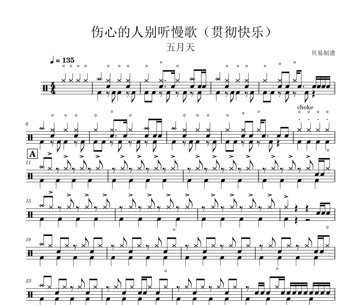 傷心的人別聽慢歌鼓譜 五月天《傷心的人別聽慢歌》(貫徹快樂(lè))架子鼓|爵士鼓|鼓譜