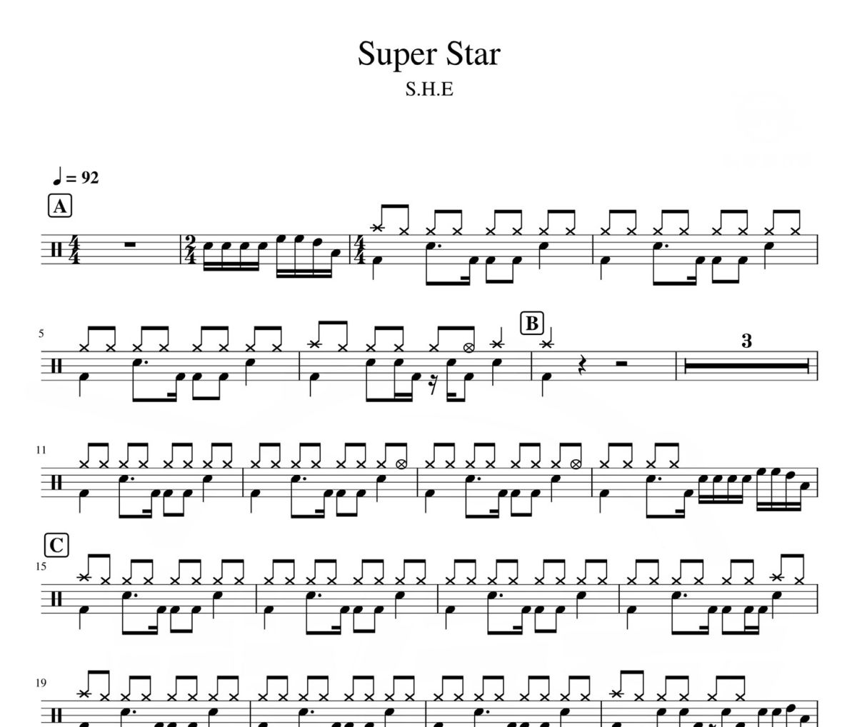 Super Star 鼓譜 S.H.E-Super Star -架子鼓|爵士鼓|鼓譜