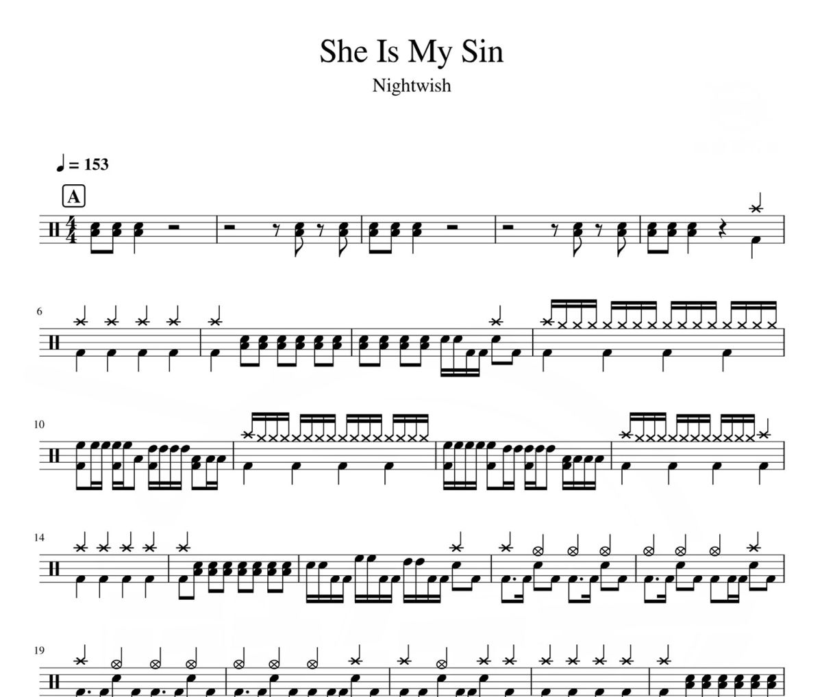 She Is My Sin鼓谱 Nightwish《She Is My Sin》爵士鼓|鼓谱