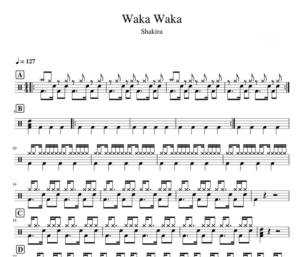 Waka Waka 鼓谱 Shakira-Waka Waka爵士鼓|鼓谱