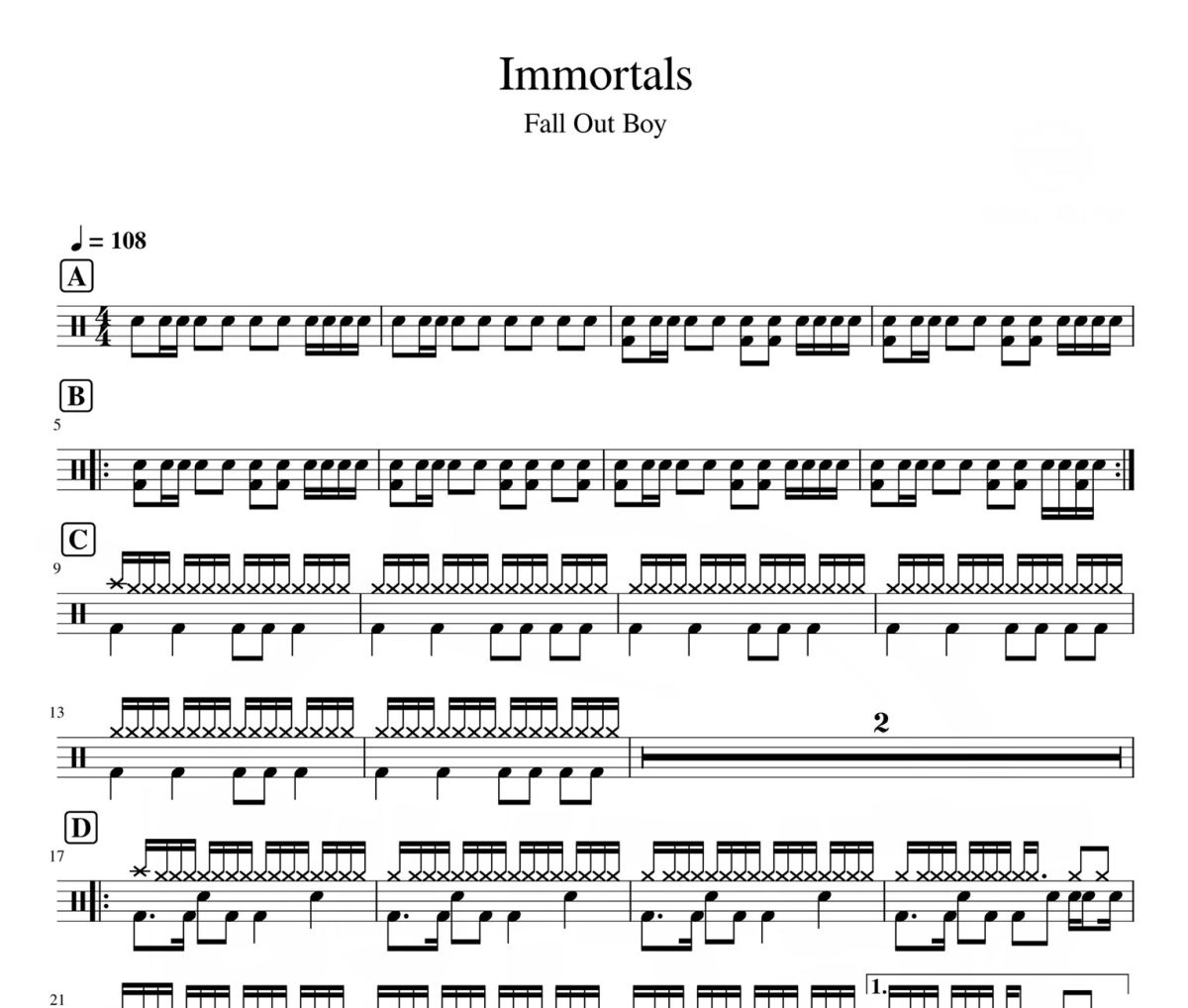 Immortals鼓譜 Fall Out Boy-Immortals架子鼓|爵士鼓|鼓譜