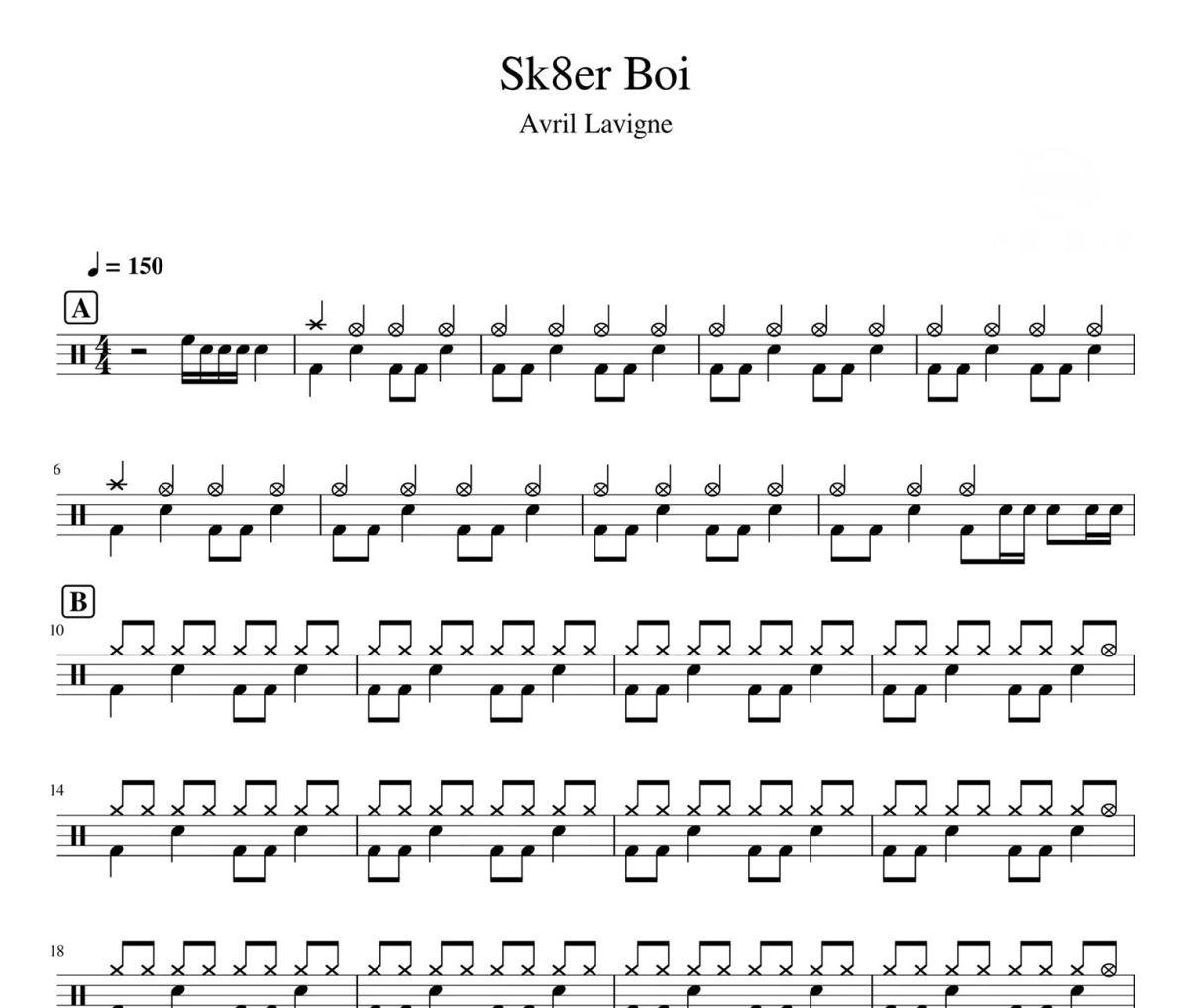 Sk8er Boi 鼓谱 艾薇儿-Sk8er Boi架子鼓|爵士鼓|鼓谱