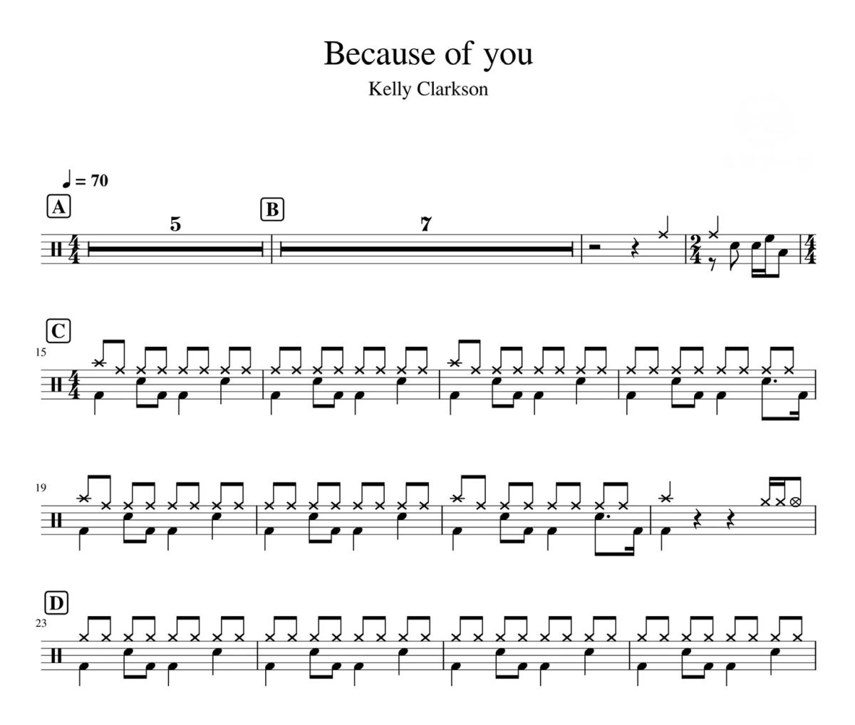 Because of you鼓谱 Kelly Claekson-Because of you爵士鼓|鼓谱