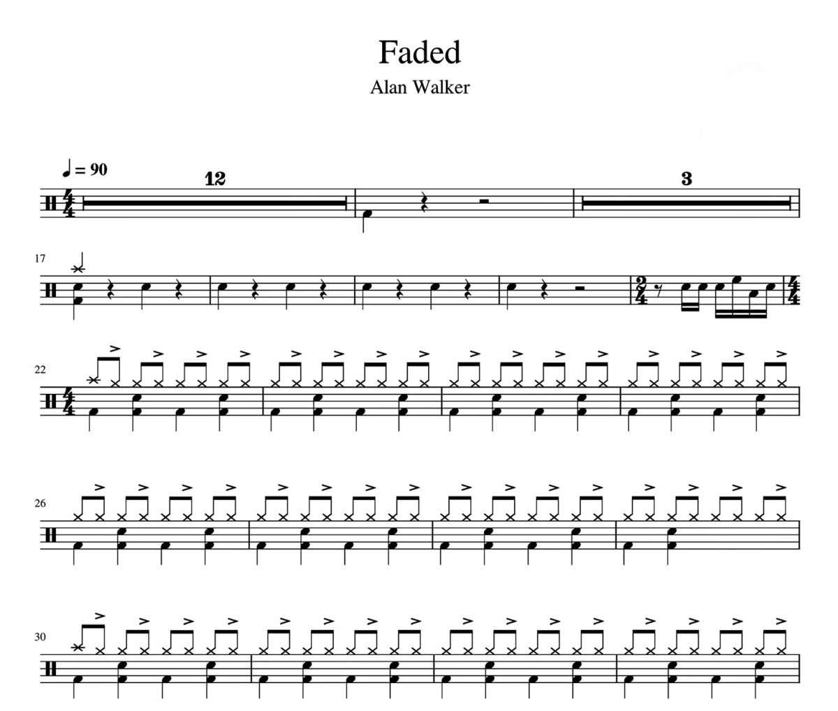 Faded 鼓谱 Alan Walker《Faded 》爵士鼓谱