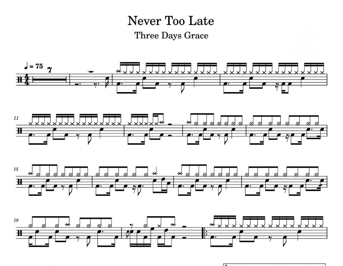 Never Too Late 鼓谱 Three Days Grace-Never Too Late爵士鼓|鼓谱