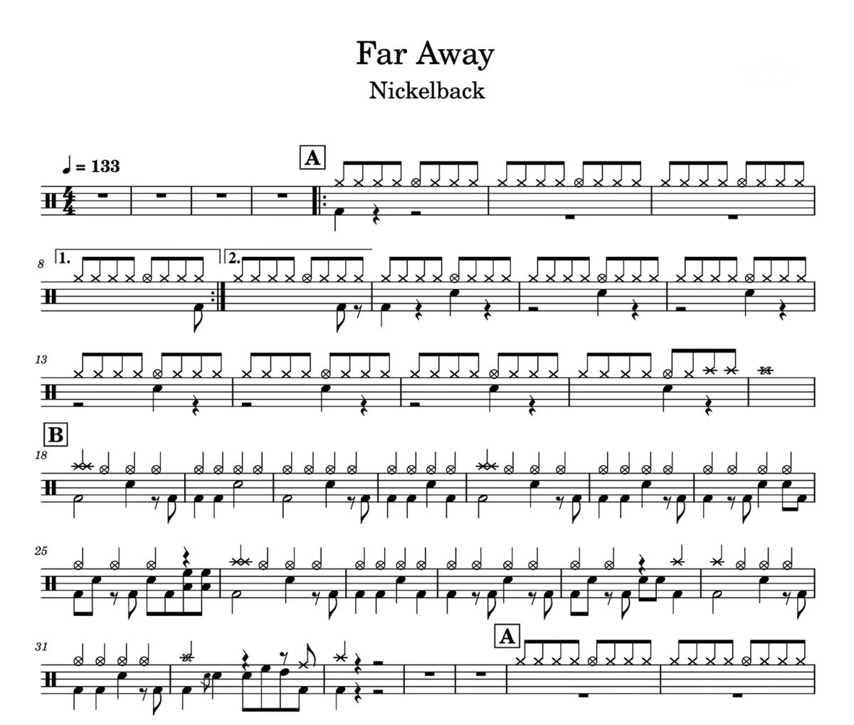 Far Away鼓譜 Nickelback《Far Away》爵士鼓鼓譜