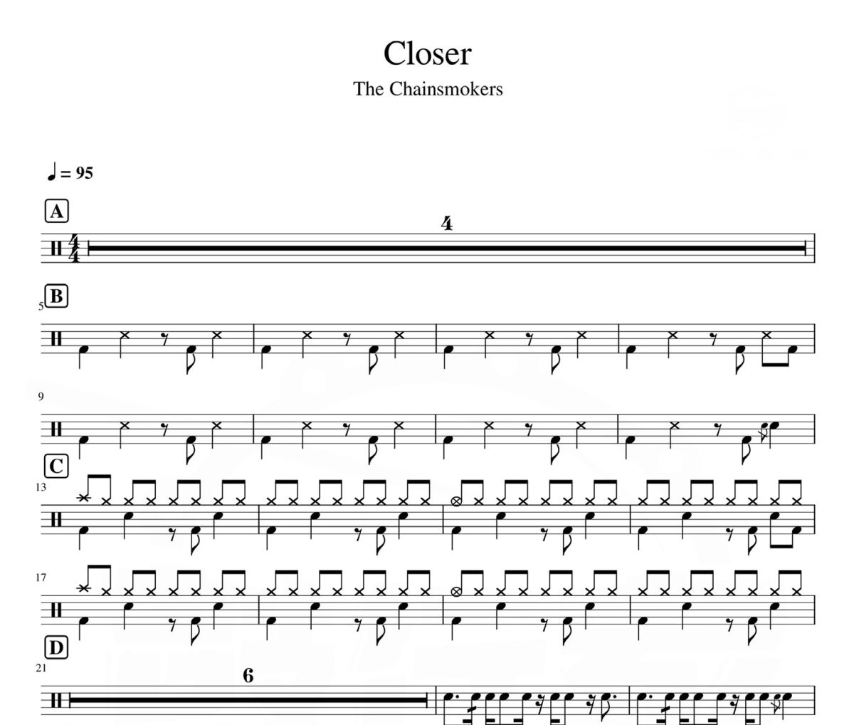 Closer 鼓谱 The Chainsmokers-Closer爵士鼓鼓谱