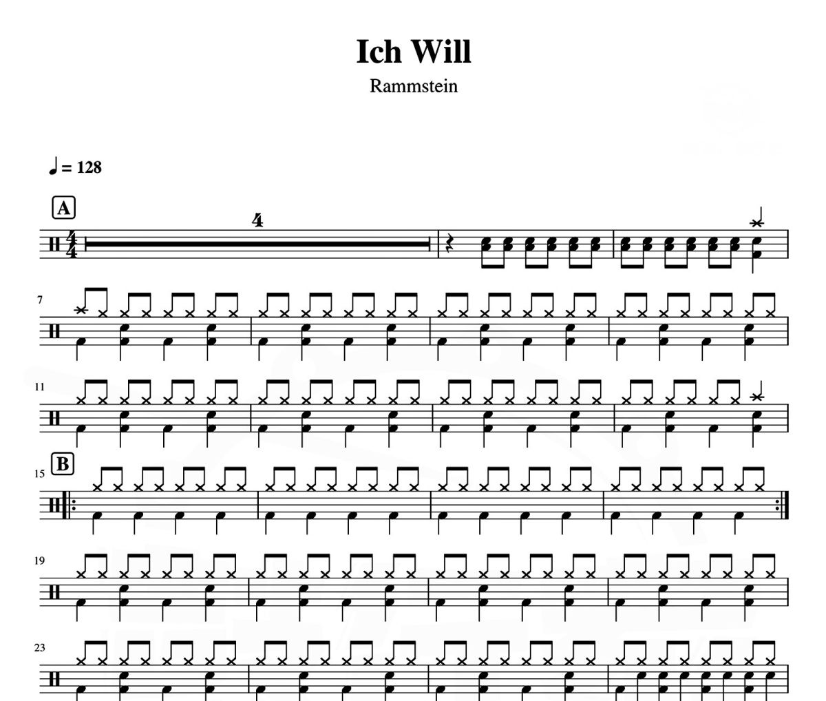 Ich Will 鼓谱 德国战车-Ich Will爵士鼓谱