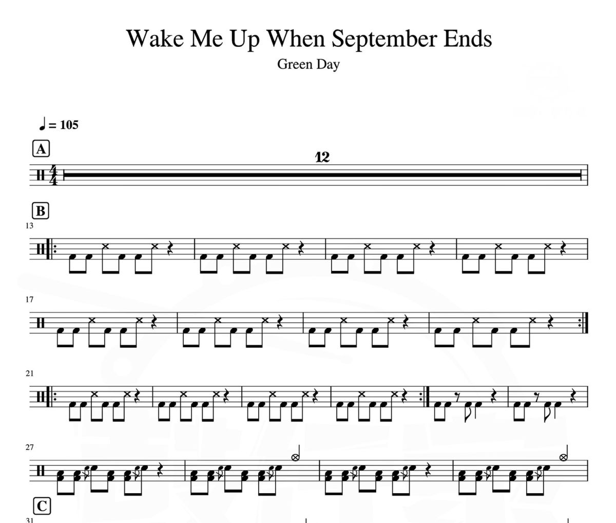 Green Day-Wake Me Up When September Ends爵士鼓谱