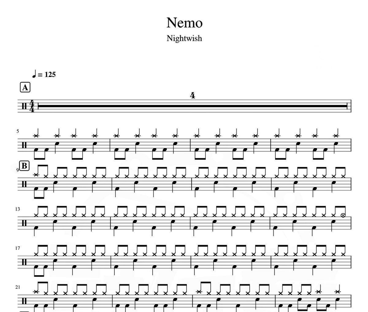 Nemo 鼓谱 Nightwish-Nemo爵士鼓谱