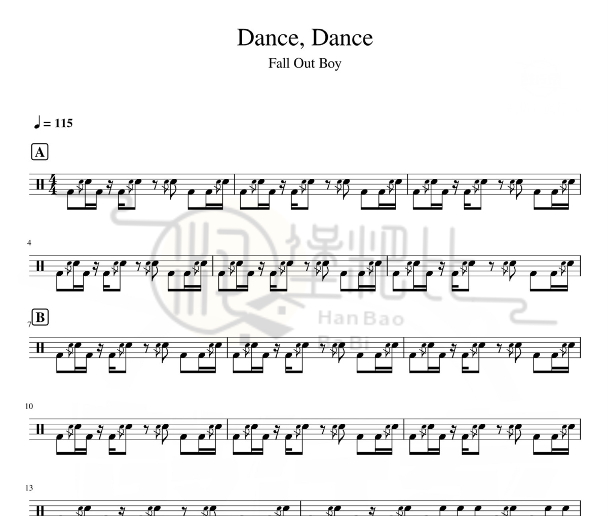 Dance Dance 鼓谱 Fall Out Boy《Dance Dance 》架子鼓|爵士鼓|鼓谱