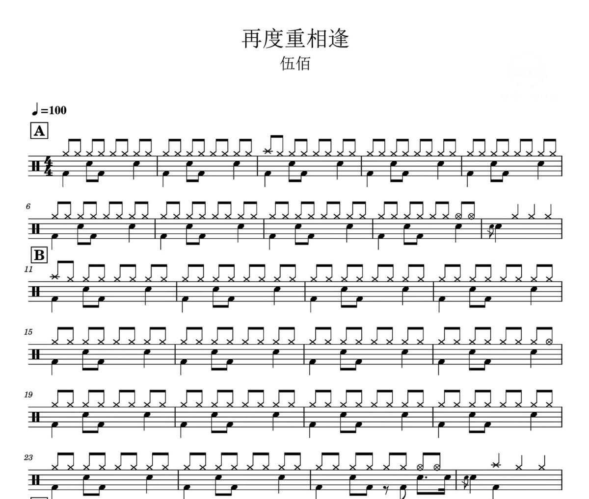 再度重相逢鼓谱 伍佰-再度重相逢爵士鼓谱