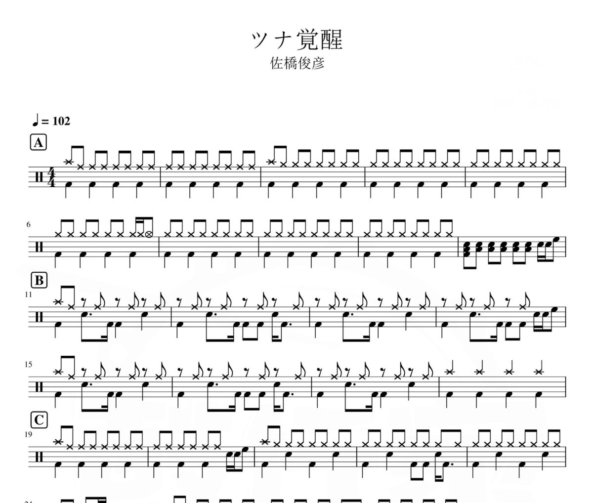 ツナ覚醒 鼓谱  佐橋俊彦《 ツナ覚醒 》架子鼓|爵士鼓|鼓谱