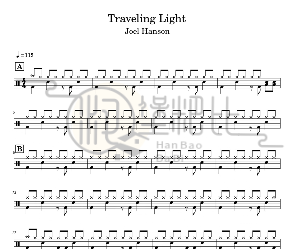 Traveling Light鼓谱 Joel Hanson-Traveling Light爵士鼓谱
