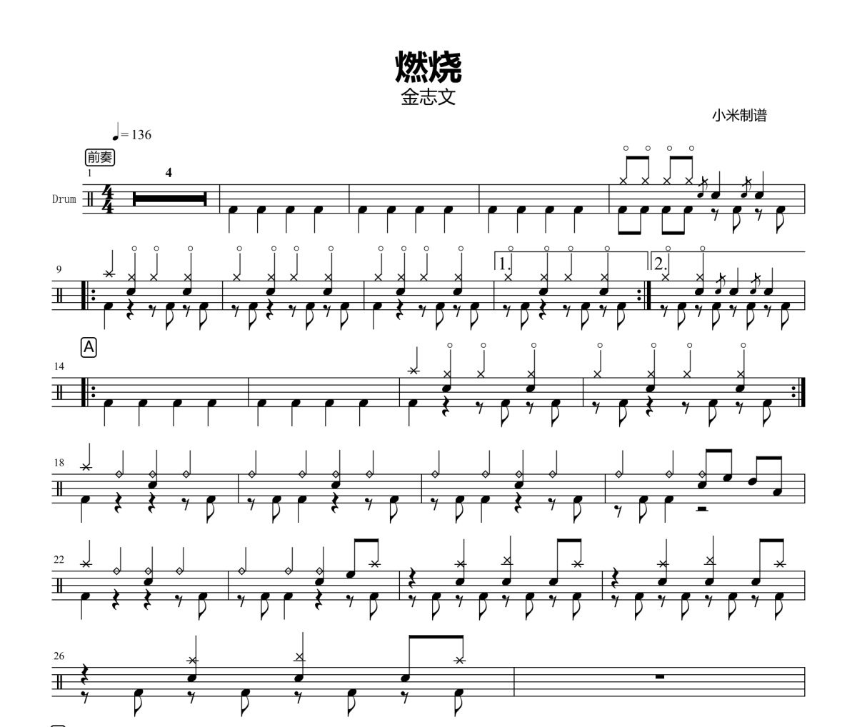 燃燒鼓譜 金志文《燃燒》架子鼓|爵士鼓|鼓譜+動(dòng)態(tài)視頻