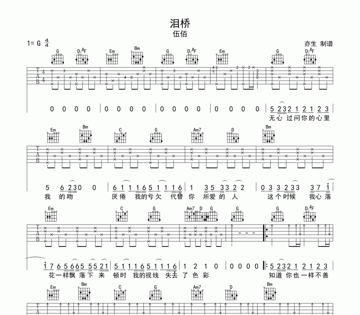 淚橋吉他譜 伍佰《淚橋》G調彈唱譜