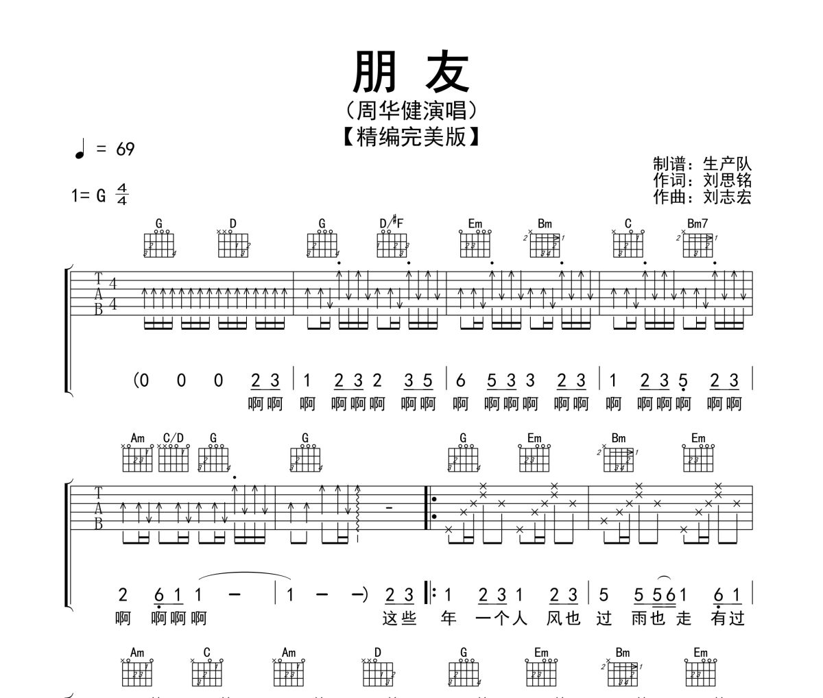 朋友吉他譜 周華健-朋友(精編版)六線譜G調(diào)指法編配吉他譜