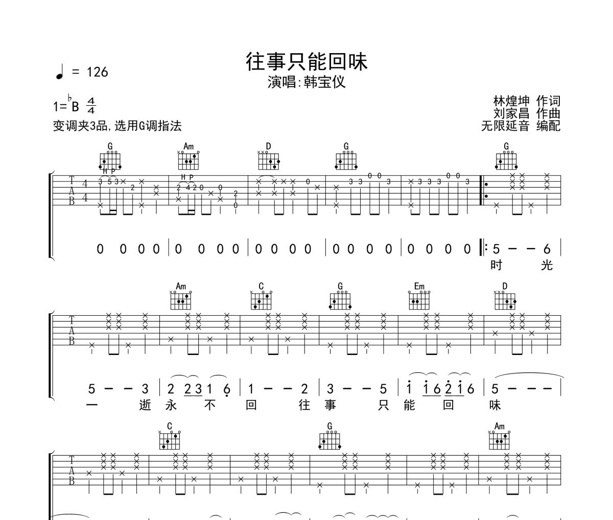 往事只能回味吉他譜 韓寶儀-往事只能回味六線譜G調(diào)指法吉他譜