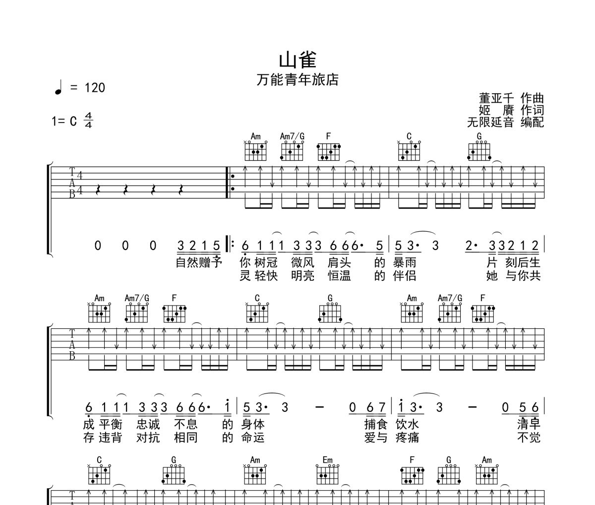 萬能青年旅店-山雀六線譜C調吉他譜