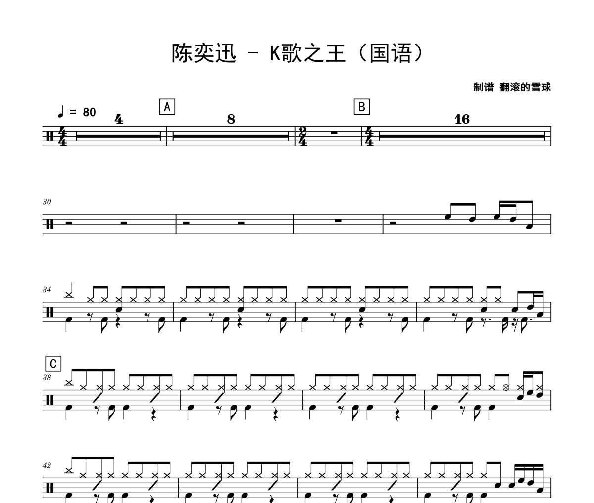 K歌之王鼓譜 陳奕迅-K歌之王(國語)架子鼓|爵士鼓|鼓譜