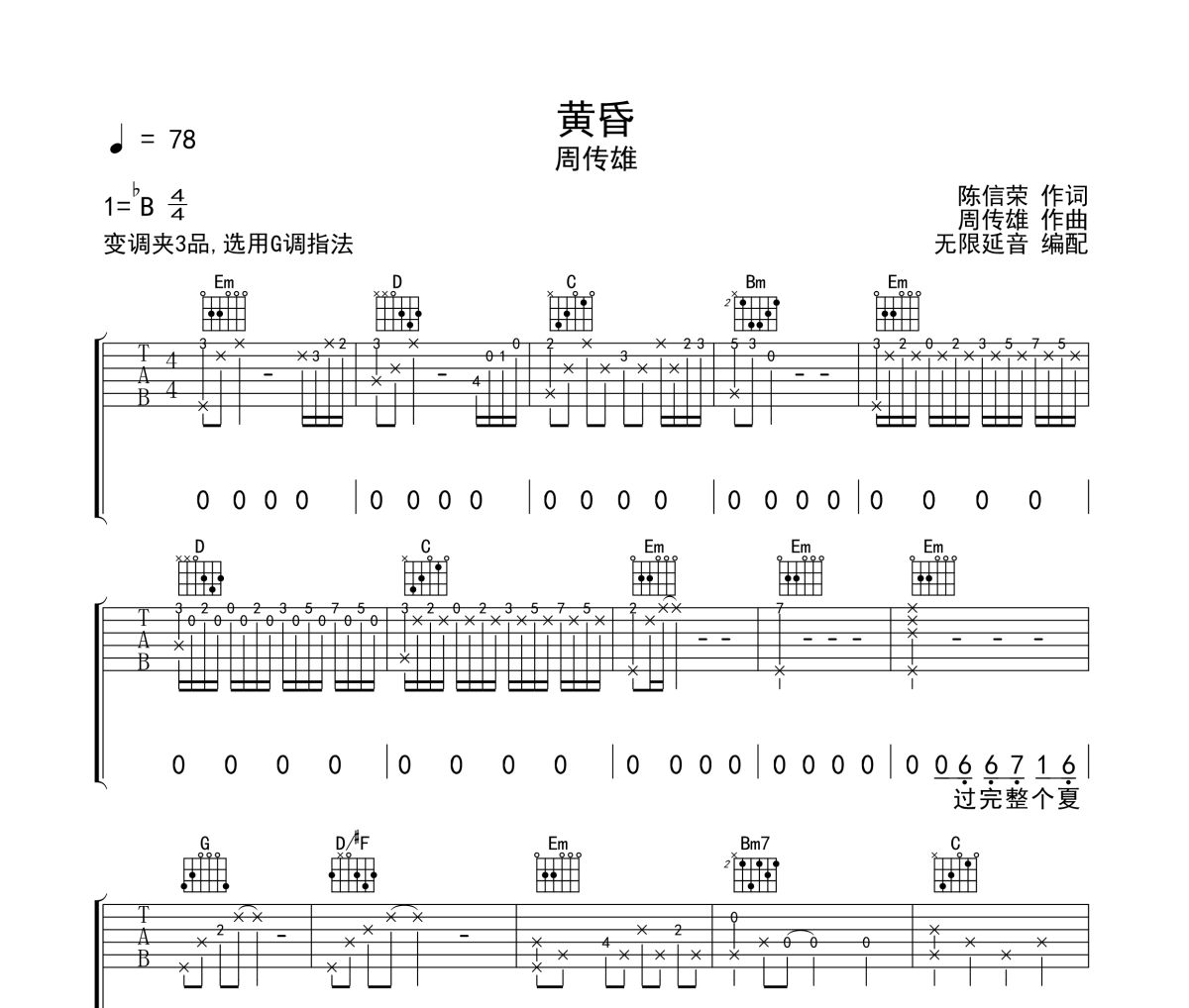 黃昏吉他譜 周傳雄《黃昏》六線譜G調(diào)指法吉他譜