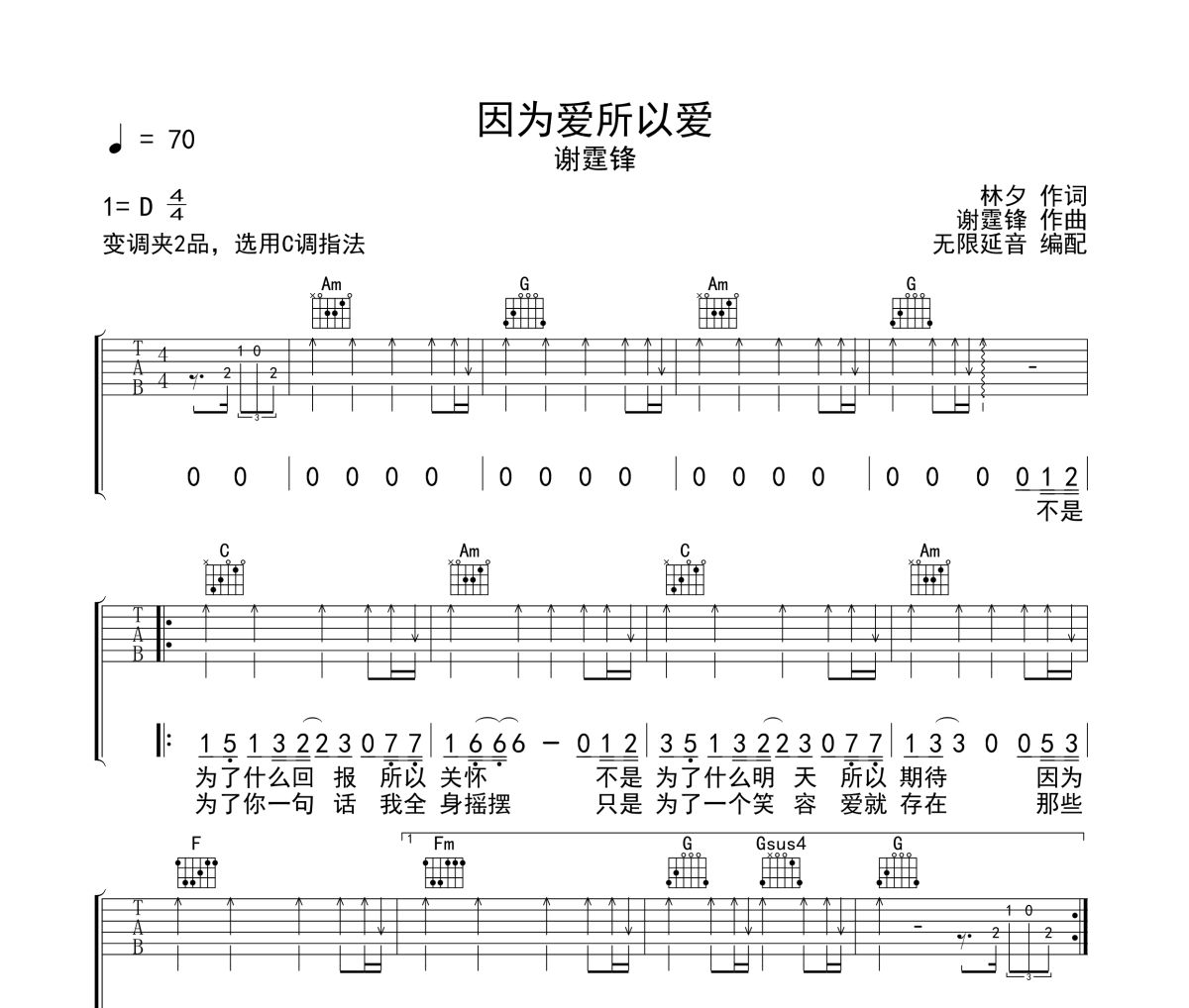 因為愛所以愛吉他譜 謝霆鋒《因為愛所以愛》六線譜無限延音制譜