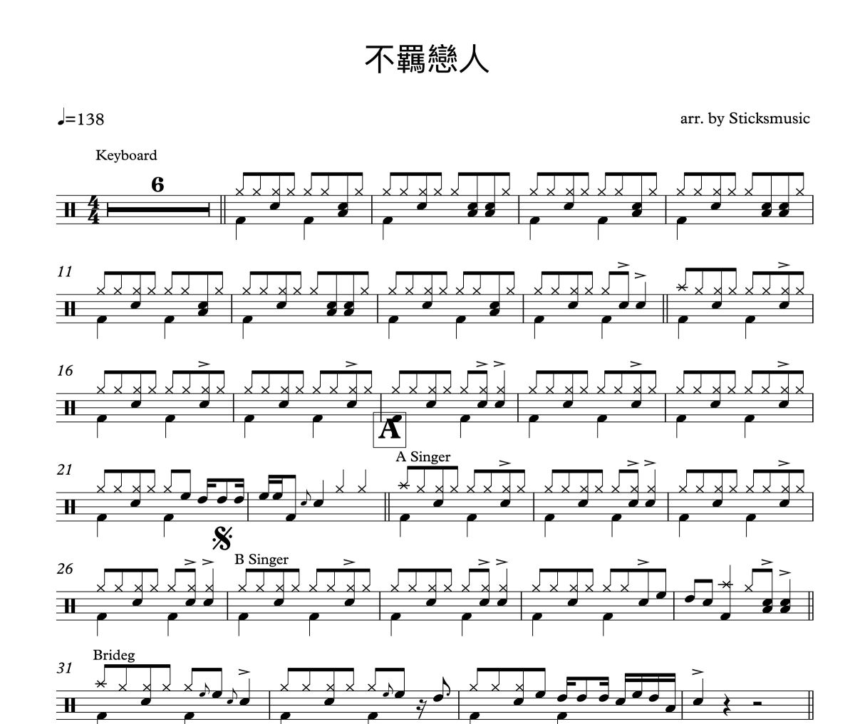不羈戀人鼓譜 陳慧嫻孟慧圓-不羈戀人架子鼓|爵士鼓|鼓譜