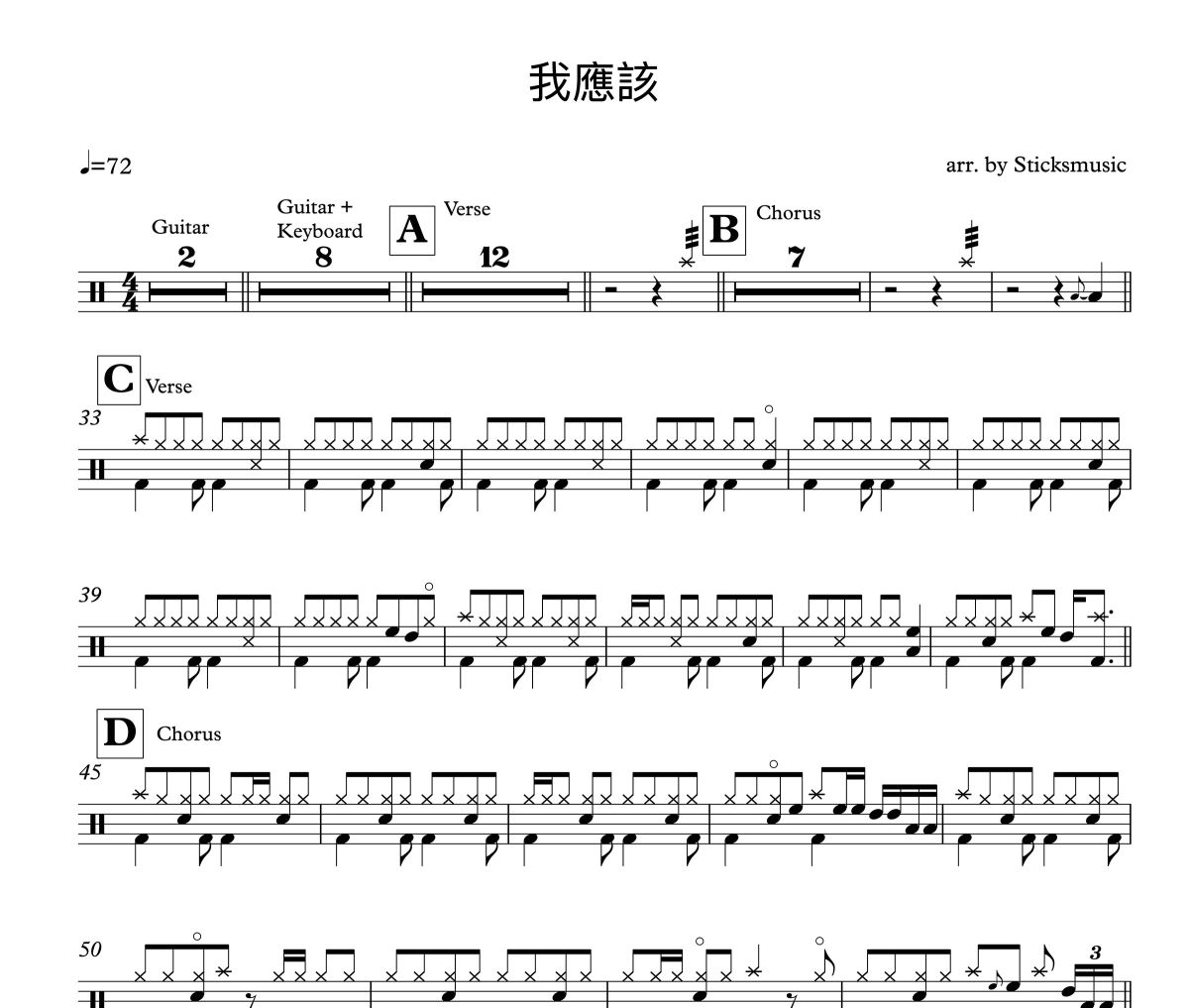 我應該鼓譜 張學友-我應該架子鼓|爵士鼓|鼓譜