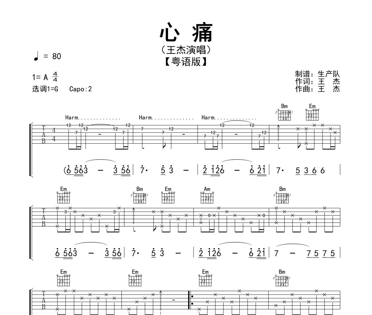 心痛吉他譜 王杰《心痛》(粵語版)六線譜G調指法編配吉他譜