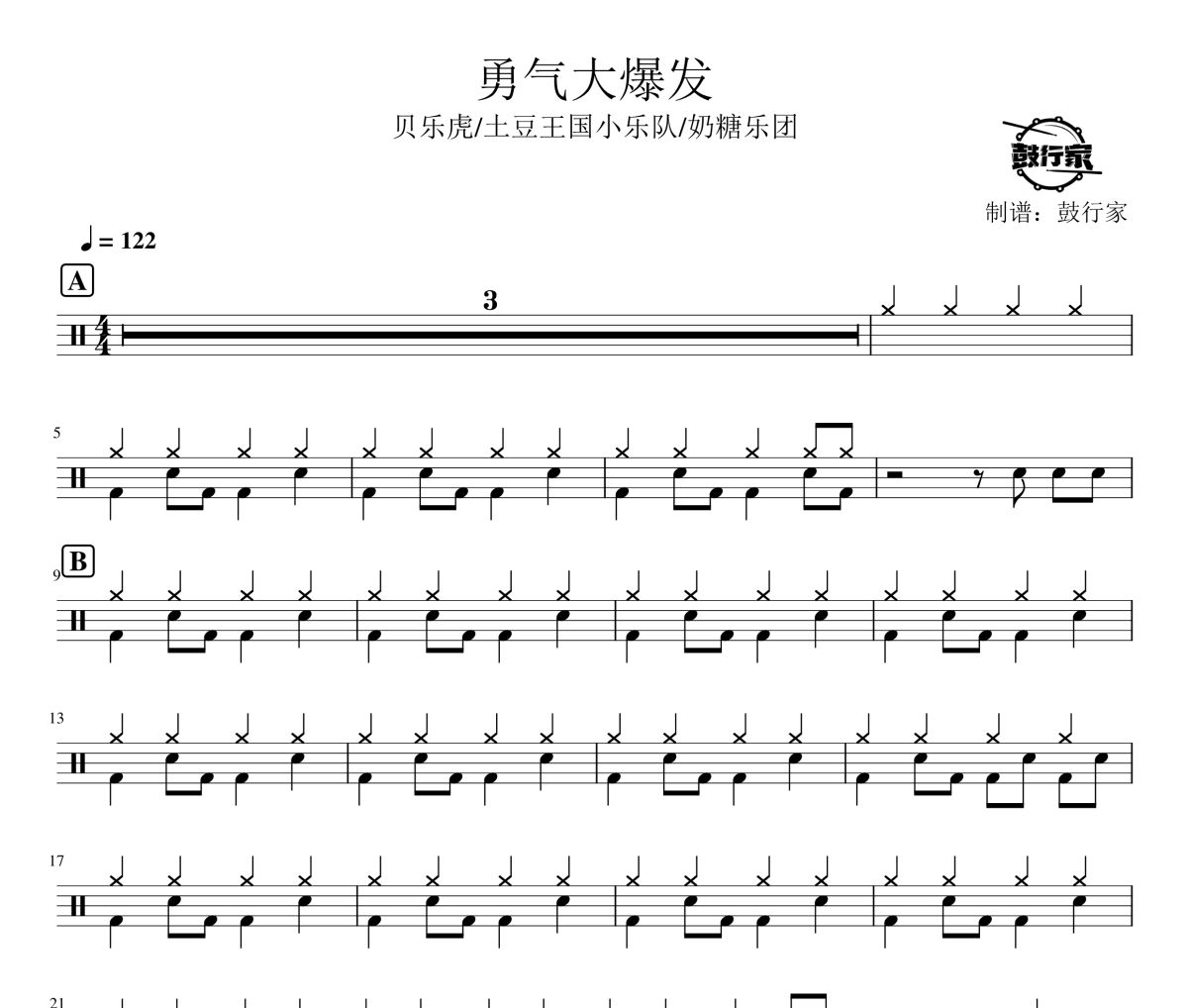 勇氣大爆發(fā)鼓譜 貝樂(lè)虎/土豆王國(guó)小樂(lè)隊(duì)/奶糖樂(lè)團(tuán)-勇氣大爆發(fā)爵士鼓譜
