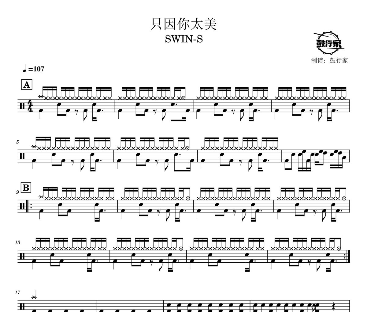 只因你太美鼓譜 SWIN-S-只因你太美爵士鼓譜 鼓行家制譜