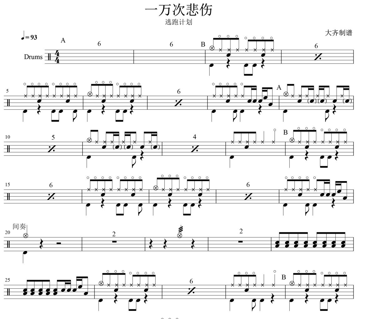 一萬次悲傷鼓譜 逃跑計劃 一萬次悲傷爵士鼓譜 大齊制譜