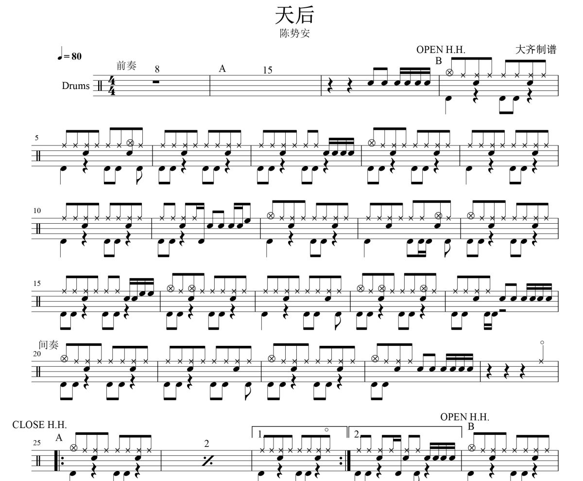 天后鼓譜 陳勢安-天后爵士鼓譜 大齊制譜
