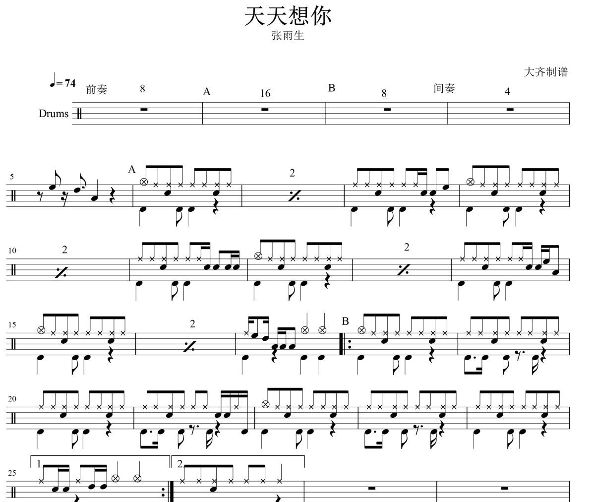 天天想你鼓譜 張雨生-天天想你爵士鼓譜 大齊制譜