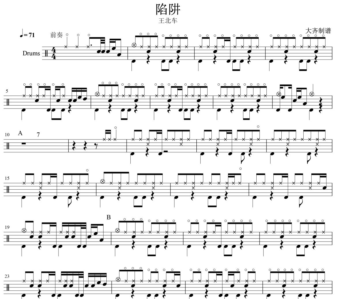 陷阱鼓譜 王北車-陷阱爵士鼓譜 大齊制譜