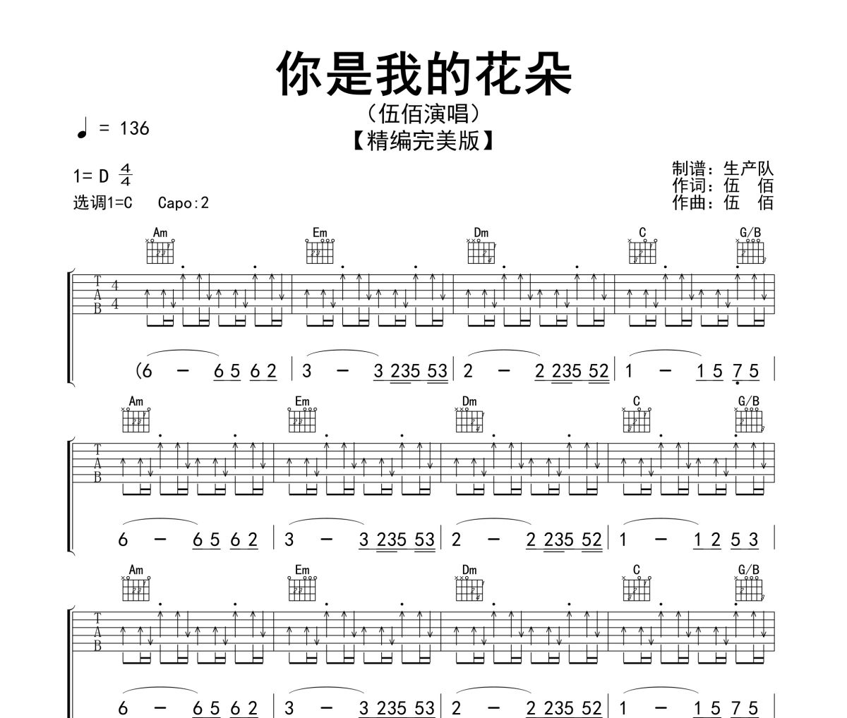 你是我的花朵吉他譜 伍佰《你是我的花朵》六線譜C調(diào)指法編配吉他譜