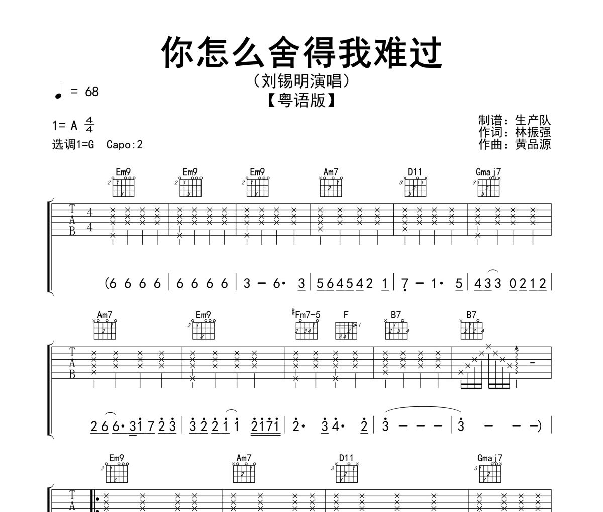 你怎么舍得我難過吉他譜 劉錫明《你怎么舍得我難過》(粵語版)六線譜G調指法編配吉他譜