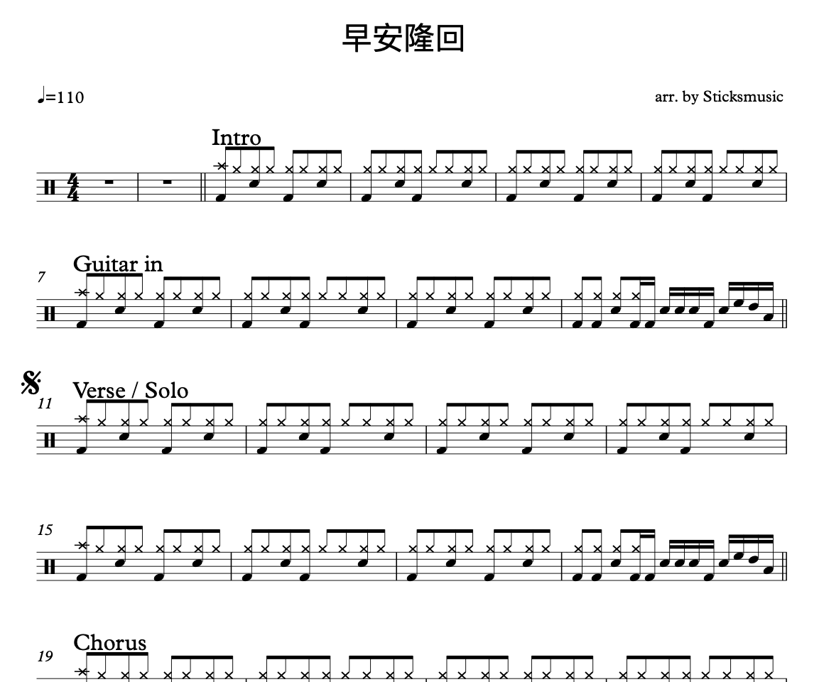 早安隆回鼓譜 袁樹雄-早安隆回爵士鼓譜 sticksmusic制譜