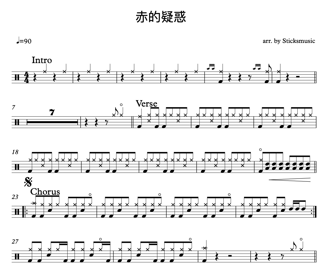 赤的疑惑鼓譜 梅艷芳《赤的疑惑》架子鼓|爵士鼓|鼓譜