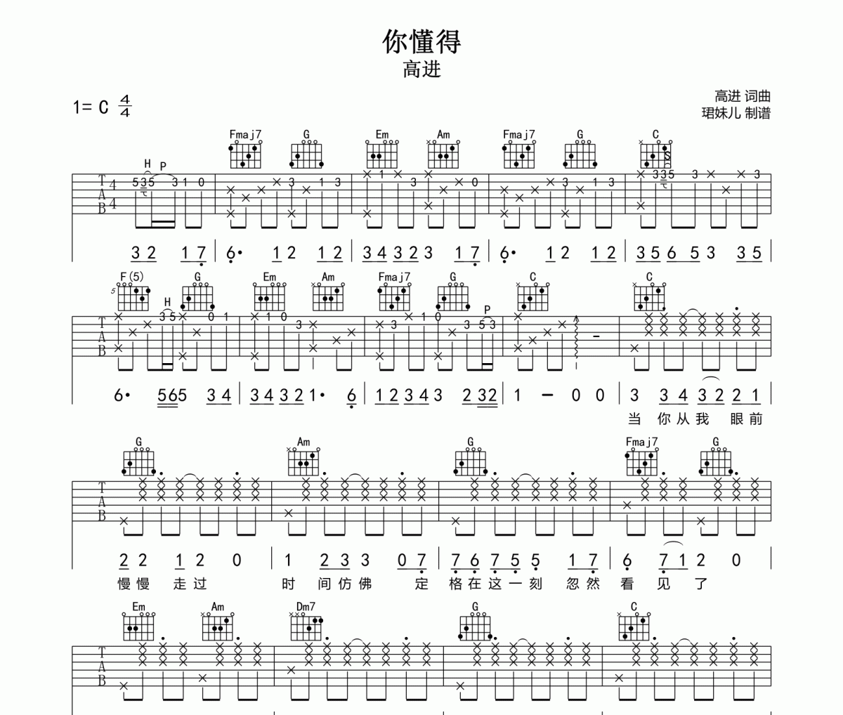 你懂得吉他譜 小沈陽/沈春陽-你懂得六線譜C調指法編配