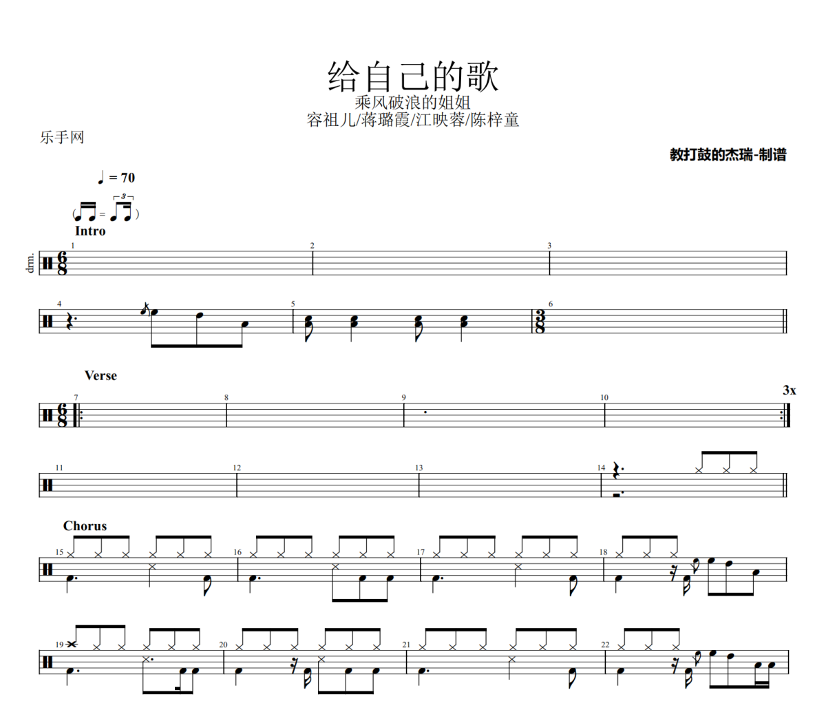 給自己的歌鼓譜 容祖兒/蔣璐霞/江映蓉/陳梓童《給自己的歌》架子鼓|爵士鼓|鼓譜