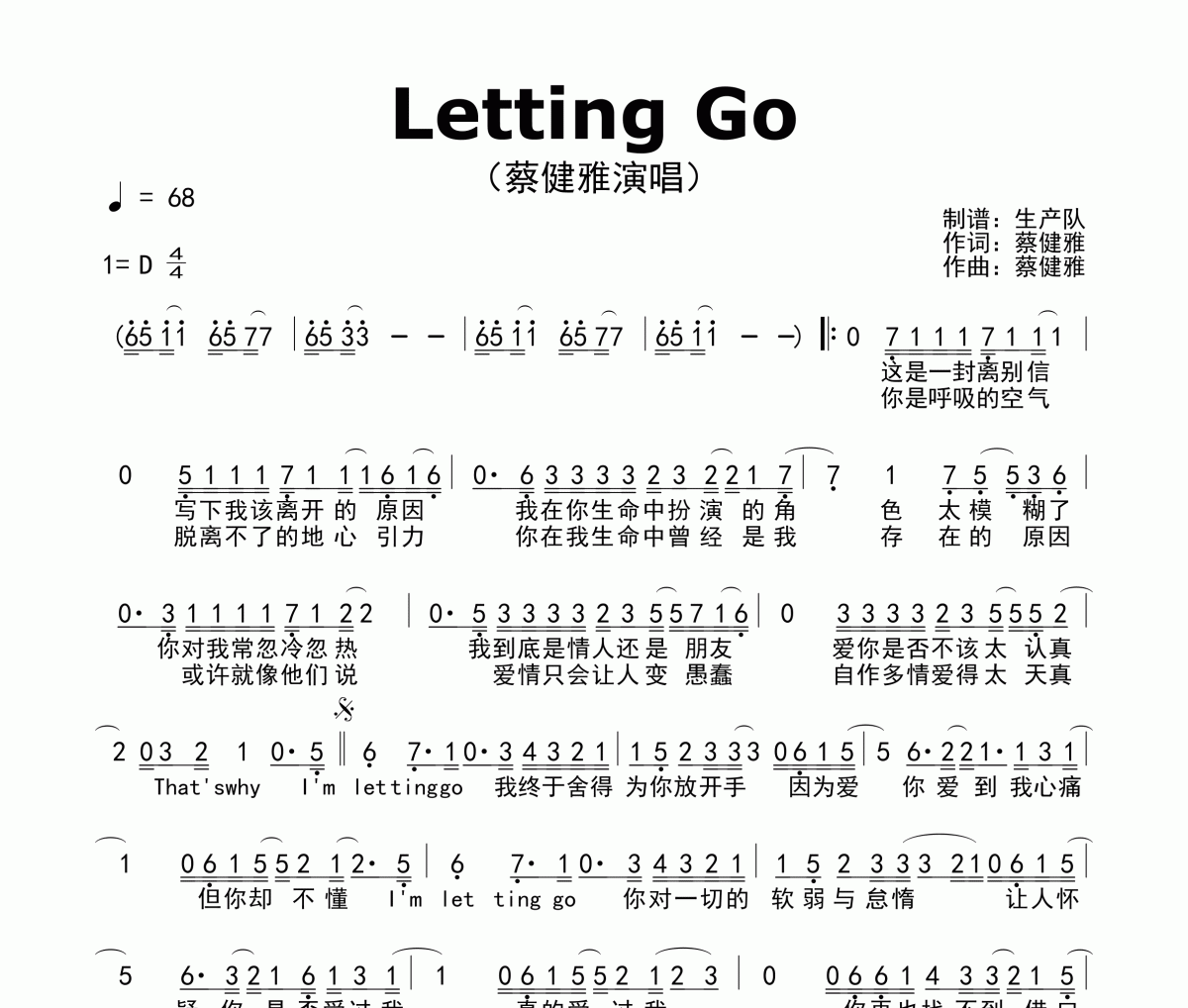 Letting Go簡譜 蔡健雅《Letting Go》簡譜D調(diào)
