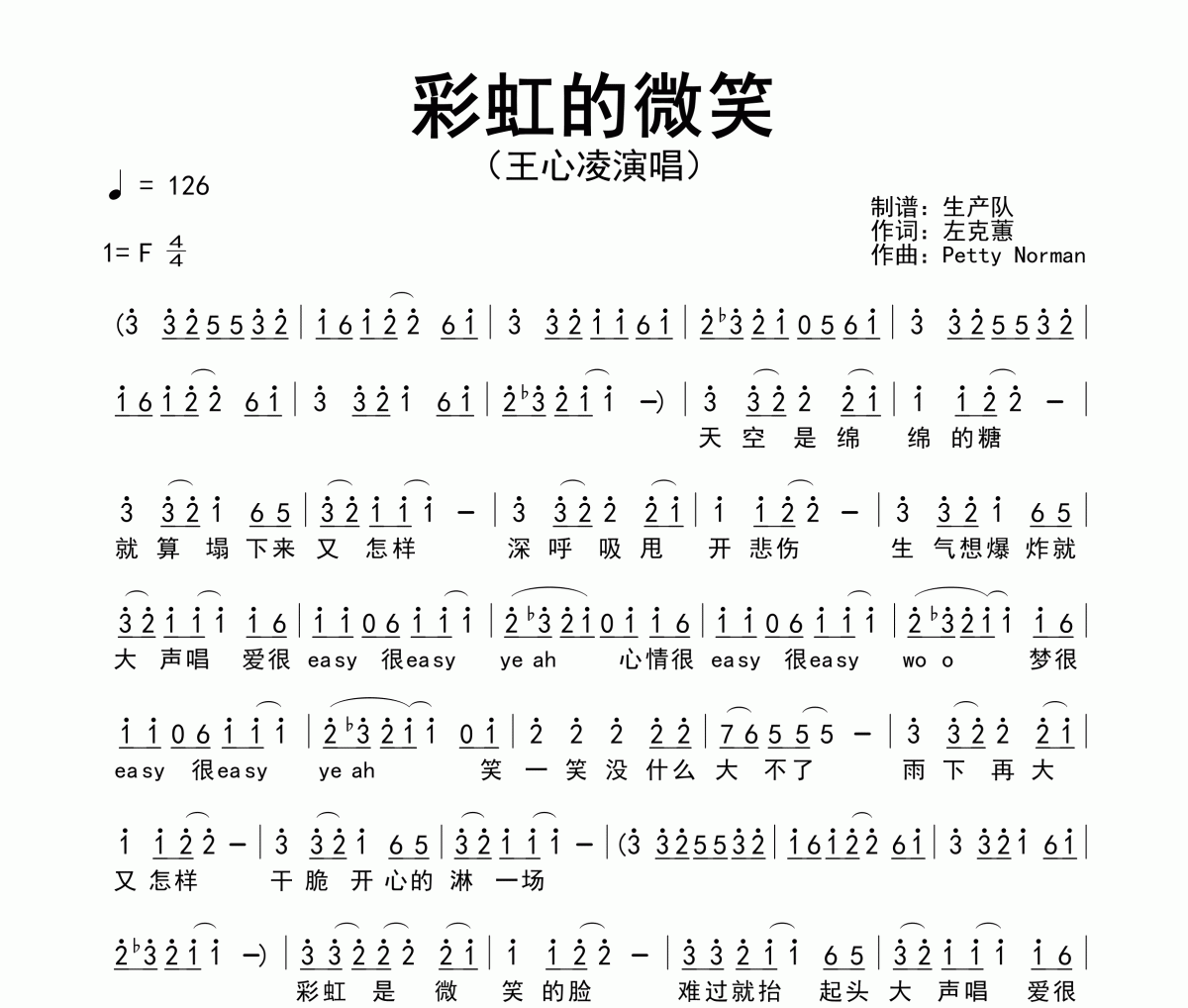 彩虹的微笑簡譜 王心凌《彩虹的微笑》簡譜F調