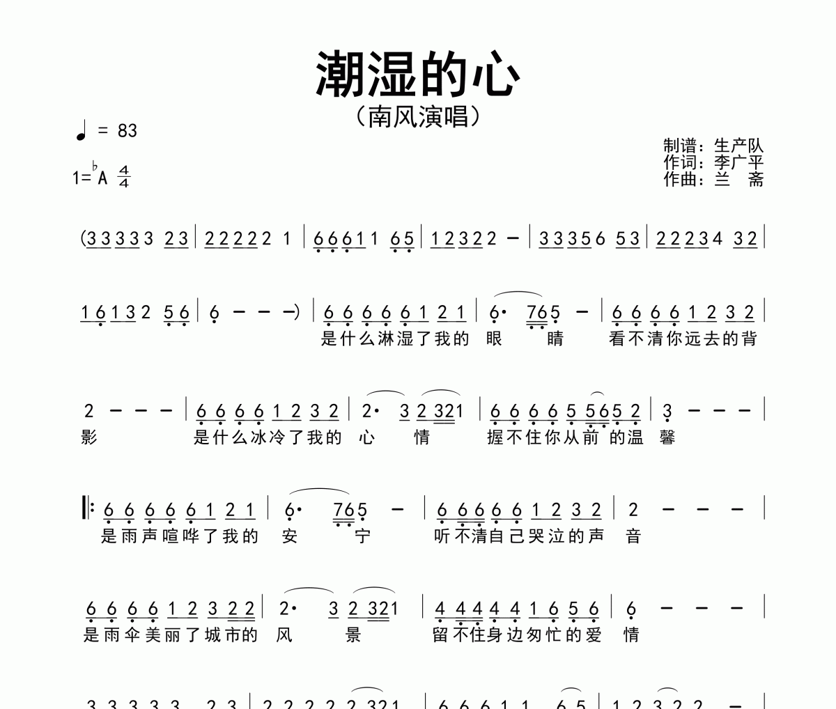 潮濕的心簡譜 南風《潮濕的心》簡譜降A調