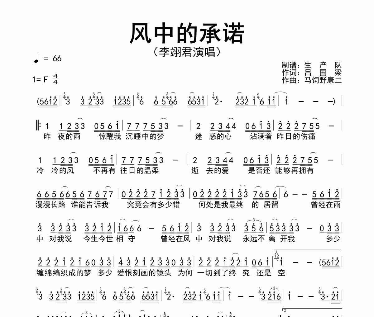 風(fēng)中的承諾簡譜 李翊君-風(fēng)中的承諾簡譜F調(diào)