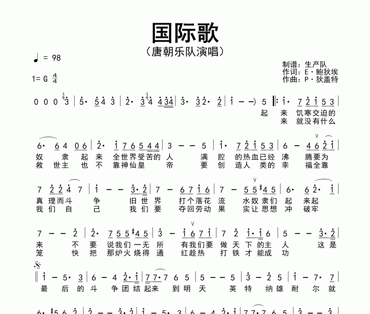 國際歌簡譜 唐朝樂隊-國際歌簡譜G調